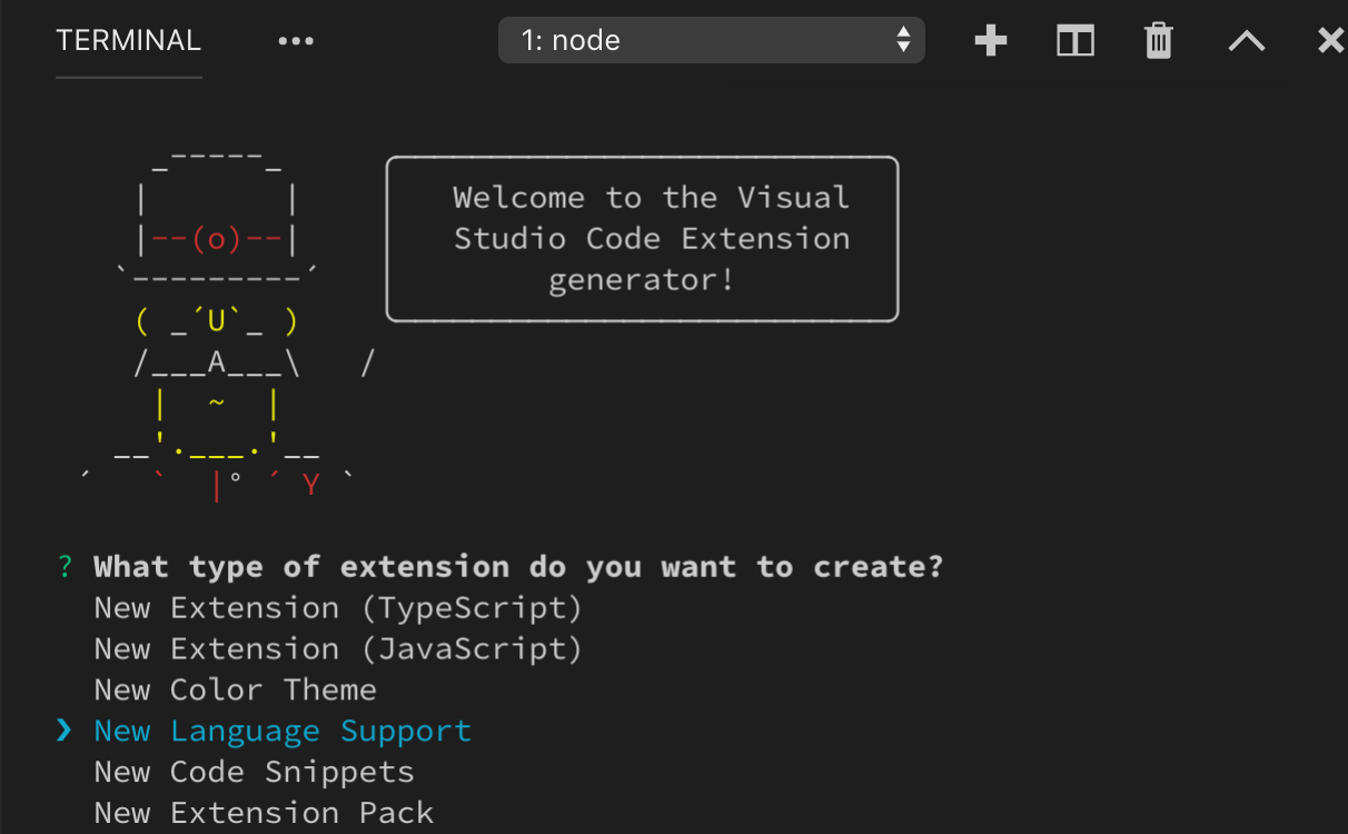 在“yo code”中选择“新语言”模板