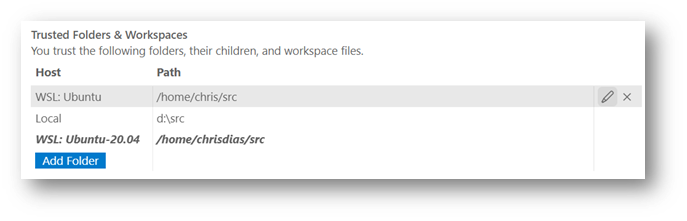 包含 WSL 受信任文件夹的信任文件夹和工作区列表