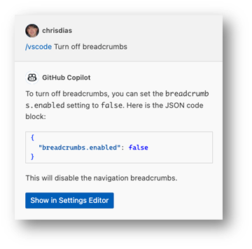 询问 Copilot 如何在编辑器中关闭 VS Code 面包屑导航