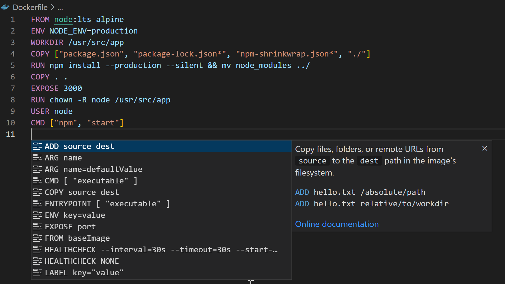 Dockerfile 的 IntelliSense