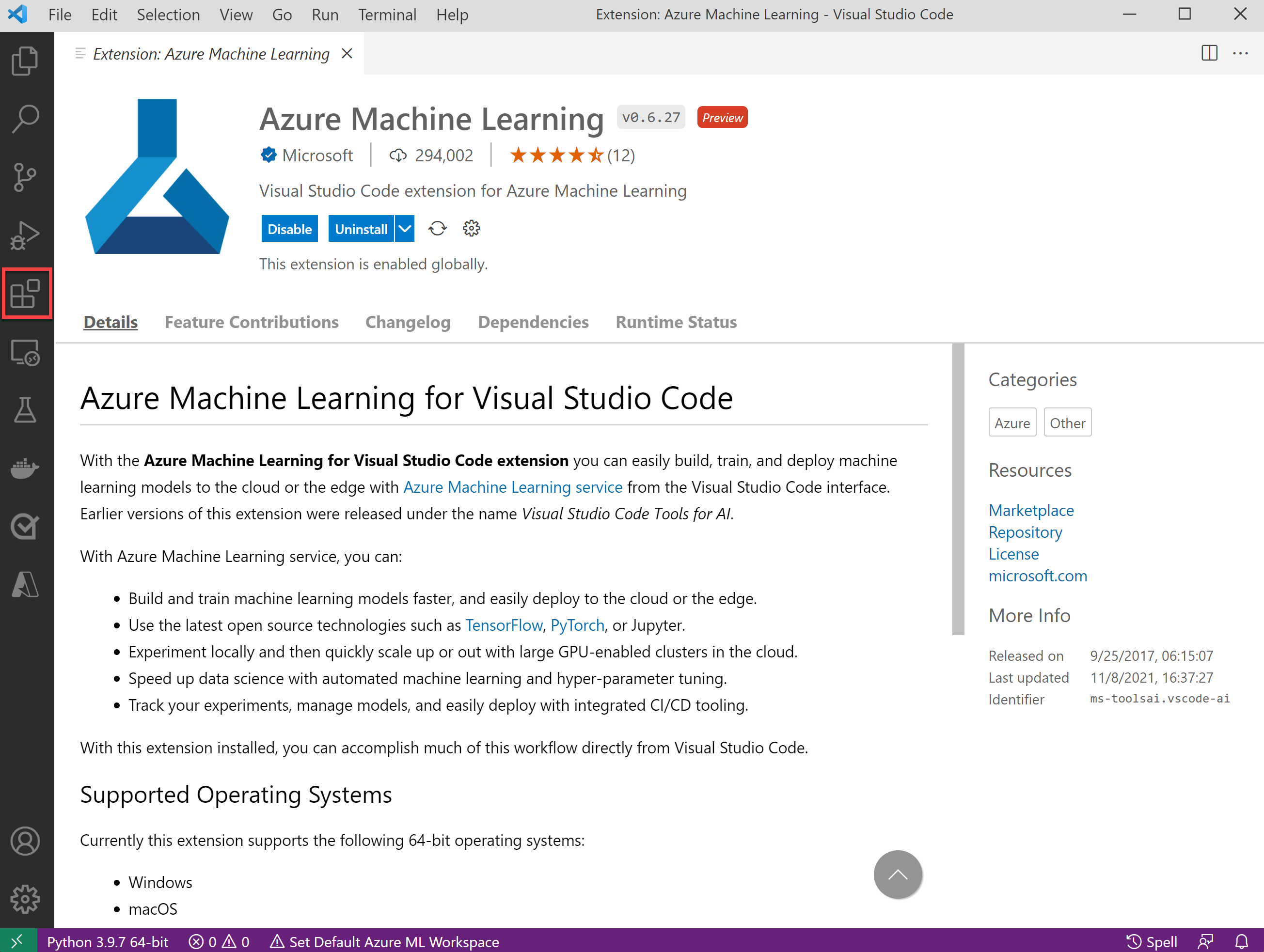 Azure 机器学习 Visual Studio Code 扩展视图