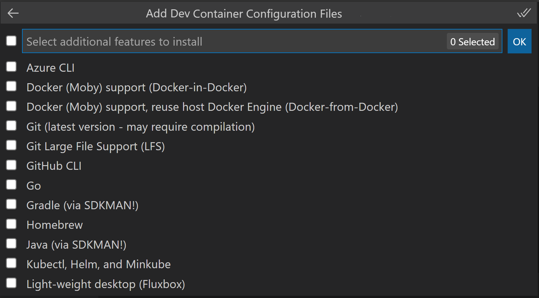  Dev Containers 功能列表下拉列表