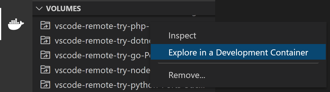 在 Docker 上下文菜单中的 Dev Containers 中探索