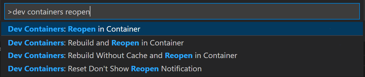 使用 Dev Containers 命令列表快速选择