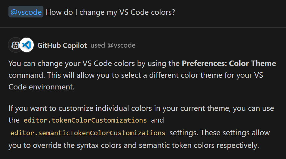 询问 @vscode 代理如何更改 VS Code 颜色