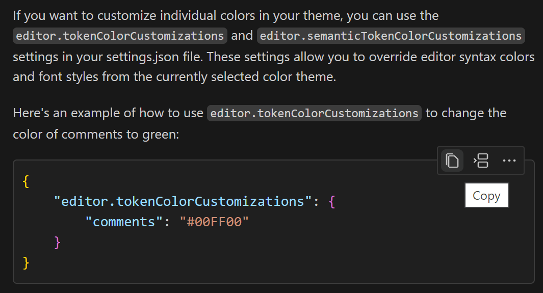 使用 JSON 的 Copilot Chat 代码块来更改 VS Code 中注释的颜色