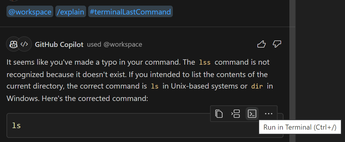 与 @workspace /explain #terminalLastCommand 的聊天视图和 Copilot 的回答