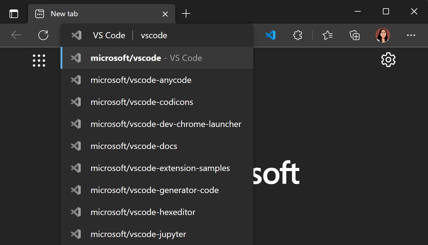 在浏览器中输入内容并搜索 GitHub 存储库以在 vscode.dev 中打开