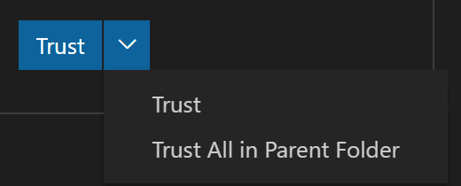显示“信任父文件夹中的全部内容”的“工作区信任”按钮下拉列表