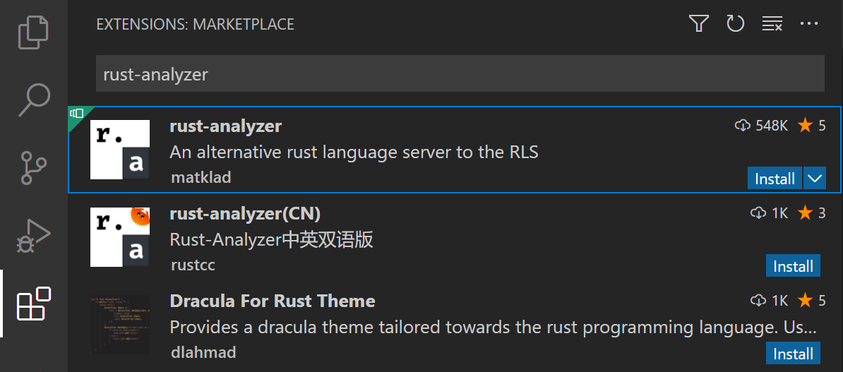 扩展视图中的 rust-analyzer 扩展