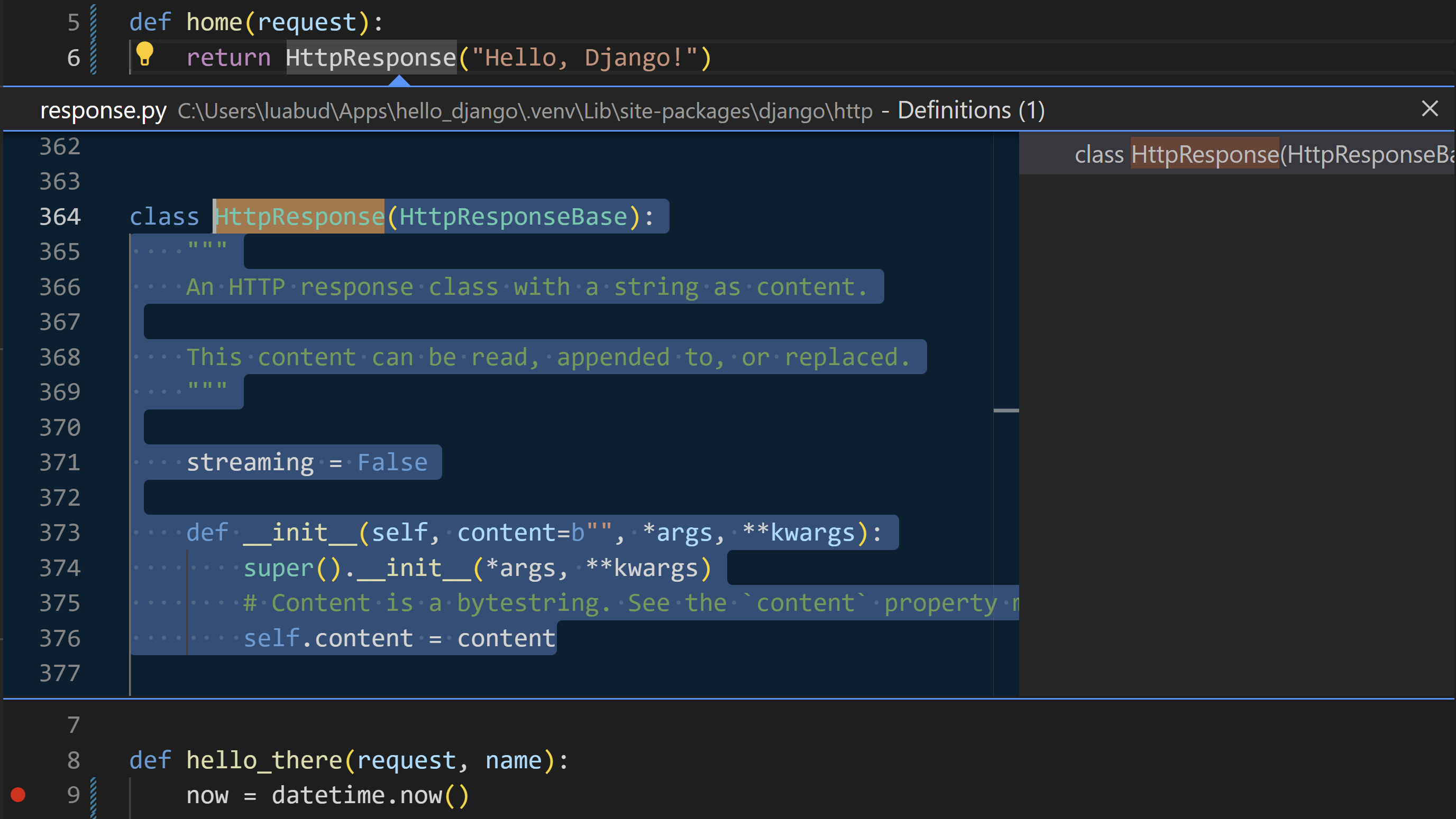 Django 教程：Peek Definition 显示 Flask 内联类