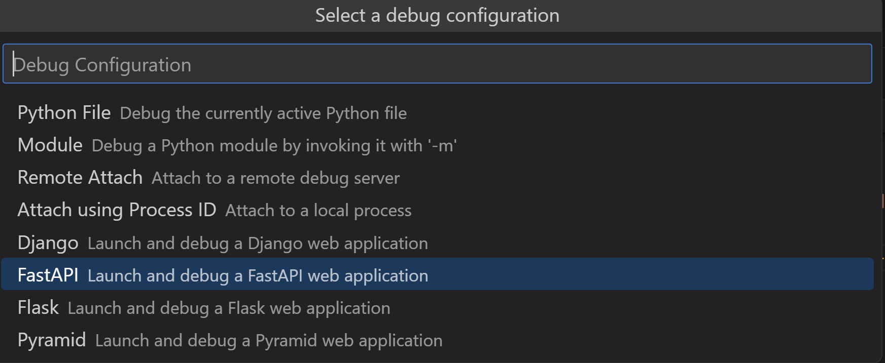 带有调试器配置选项的下拉菜单，其中突出显示了 FastAPI