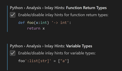 在设置编辑器中启用两个 Python 分析类型提示设置：函数返回类型和变量类型