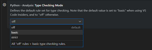 设置编辑器中的 Python 分析类型检查模式选项（关闭、基本和严格）