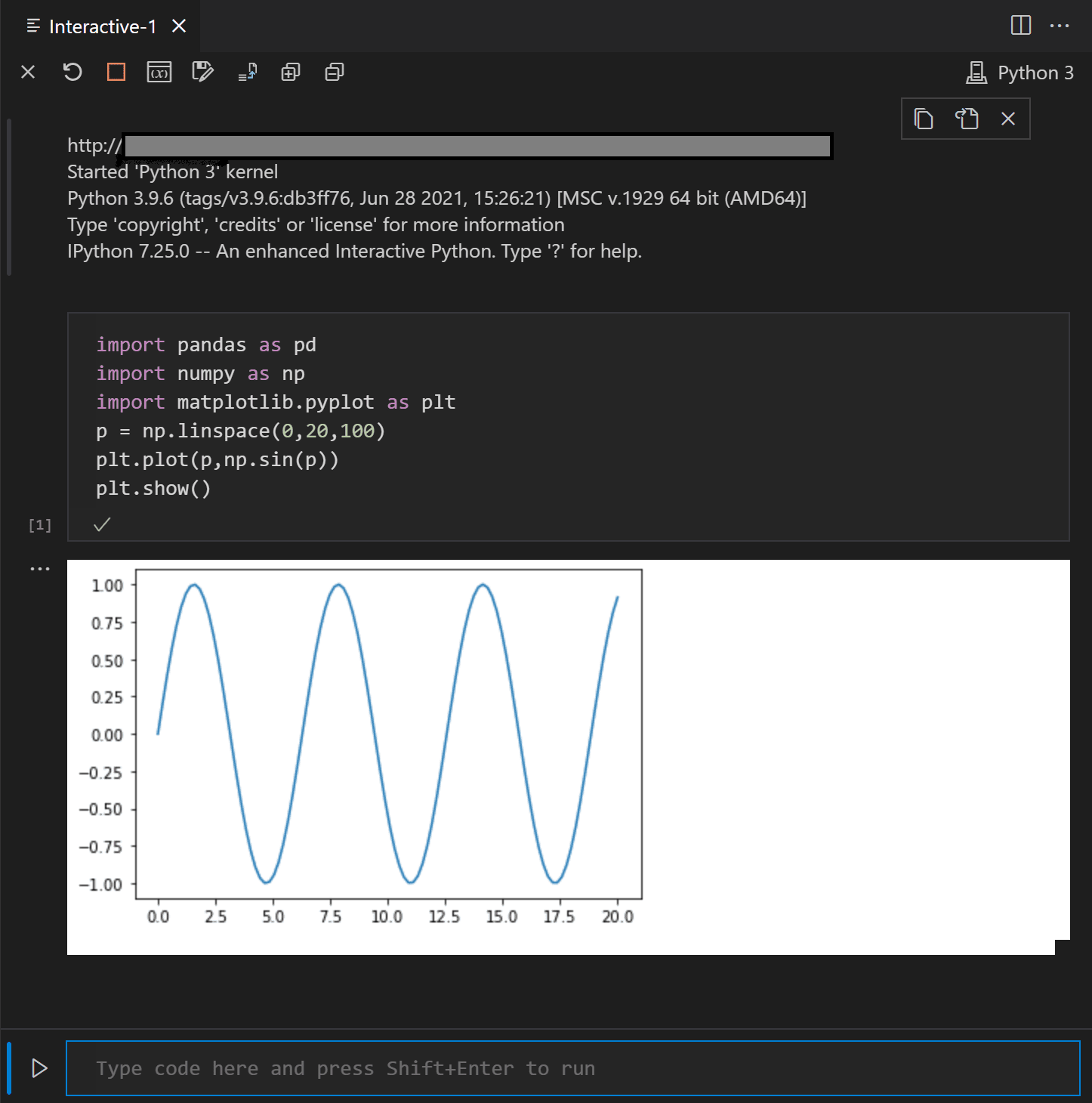 显示代码正在远程 Jupyter 服务器上运行的 Python 交互窗口