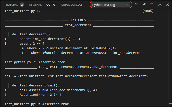 Python 测试日志输出面板中的测试结果