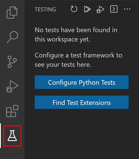 尚未配置测试时，“配置 Python 测试”按钮将显示在测试资源管理器中。