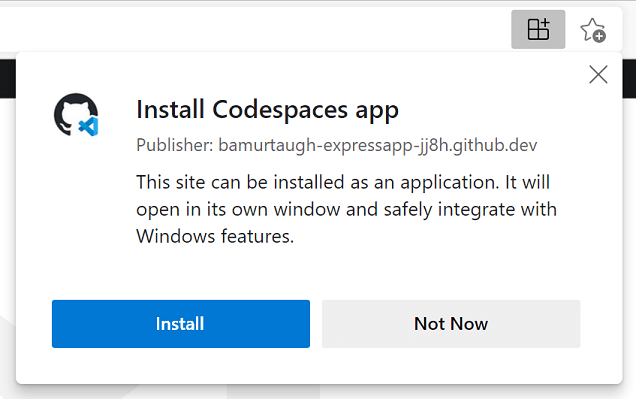在 Microsoft Edge 中将 Codespaces 安装为 PWA