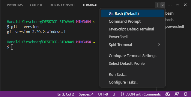 在 Visual Studio Code 的内置终端中选择 Git Bash 作为 shell