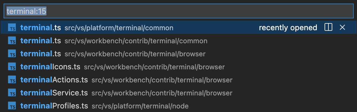 激活单词链接“terminal:15”将打开一个快速选择，在工作区中搜索包含“terminal”的所有文件，选择一个选项将打开第 15 行的文件