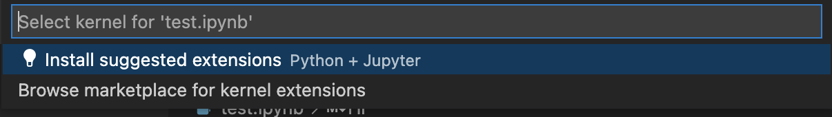 描述两个条目的快速选择。 选择顶部条目，其左侧有一个灯泡，并显示“安装建议的扩展 Python + Jupyter”