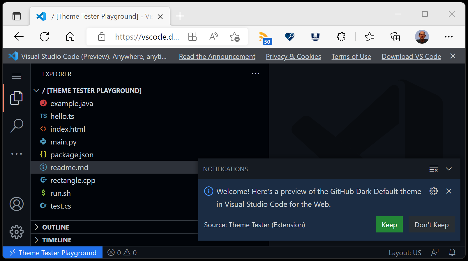 使用 vscode.dev 的颜色主题测试器显示 GitHub 主题扩展 GitHub Dark Default