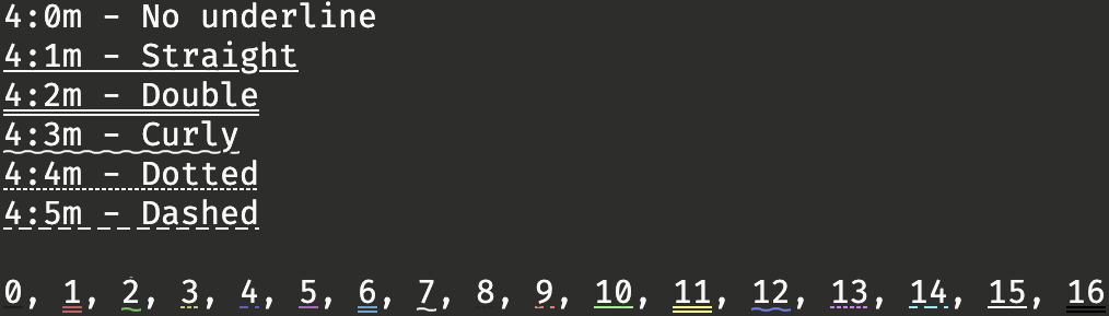终端现在可以以任何颜色显示直下划线、双下划线、卷下划线、点下划线和虚线下划线