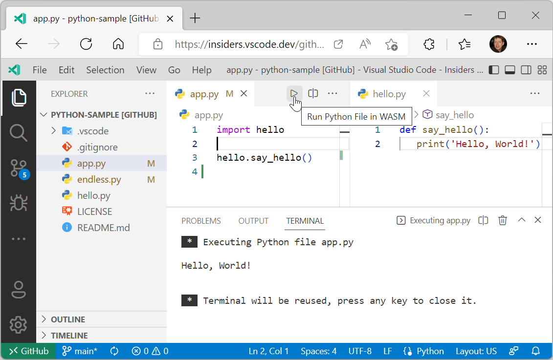 在 VS Code for the Web 中执行 Python 文件
