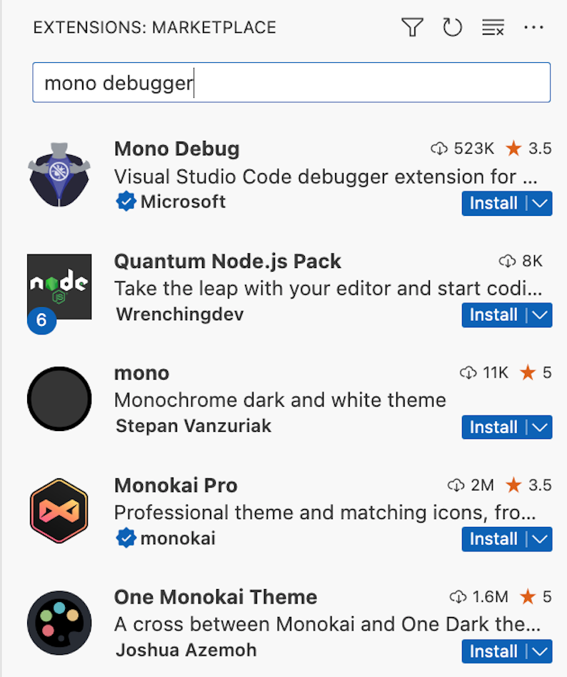 “mono debugger”的搜索结果显示 Mono 调试扩展为顶部结果