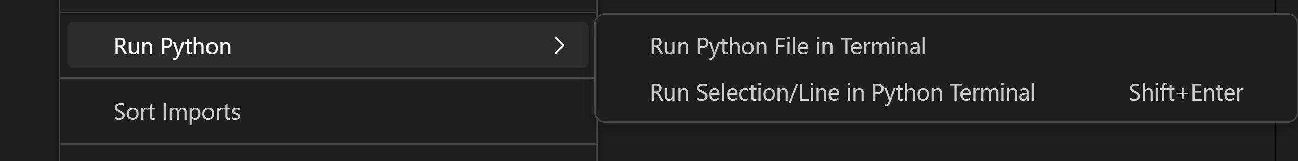 上下文菜单上的“运行 Python”选项，以及子菜单中的“在终端中运行文件”和“运行选择/行”选项