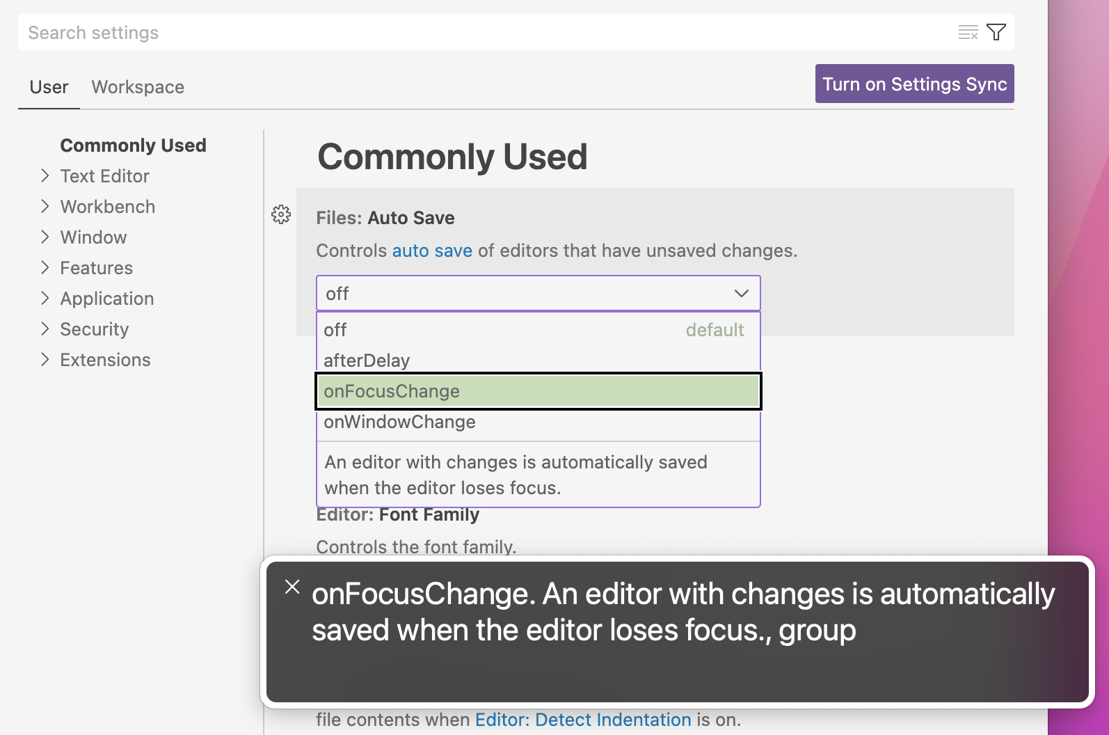 onFocusChange 选项说明 files.autoSave 设置在 macOS 上由 VoiceOver 的高对比度文本框显示