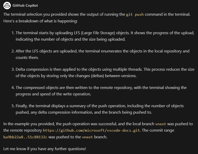 Copilot 在解释中进行了详细说明，例如它解释了 git push 使用 LFS、什么是 delta 压缩