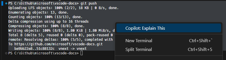 终端上下文菜单的第一个条目是 Copilot：解释一下