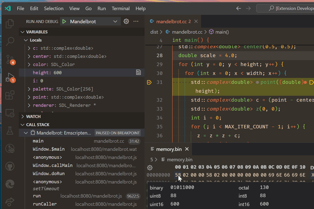 调试器在 C++ 源代码中的断点处停止